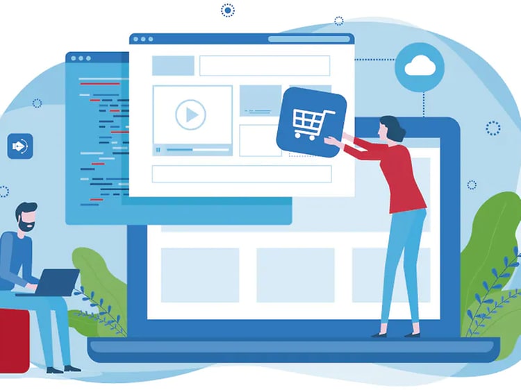 Illustration som visar hur marketplace för partners fungerar i blått, rött och grönt med två personer. 