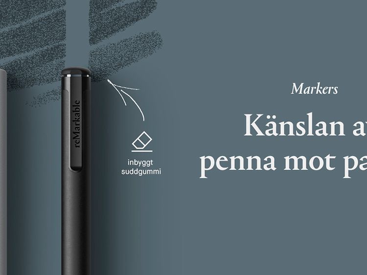 En vit och en svart penna, reMarkable markers, ligger på en gön bakrgund med text.