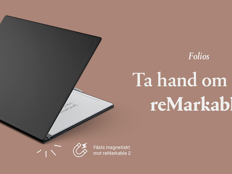 Folio fodral med magnfäste, en uppfälld svart variant på en mörkrosa bakgrund.