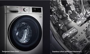 En LG tvättmaskin och en illustration av trumman