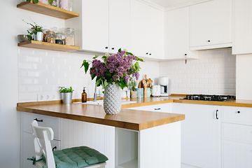 Ett litet kök med en vas på köksbänken