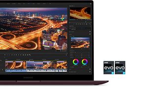 En Galaxy Book2 Pro 360 med två certifieringslogotyper för Intel Evo