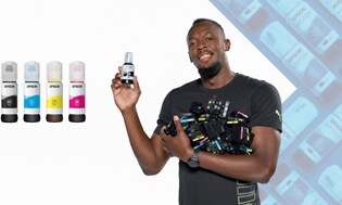 Skrivare - Usain Bolt som håller återfyllningsflaskor