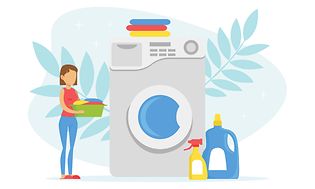 Illustration of woman with laundry by a washing machine