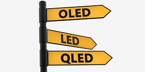 Vägvisare med gula pilar med text för OLED, QLED och LED som pekar åt olika håll. 