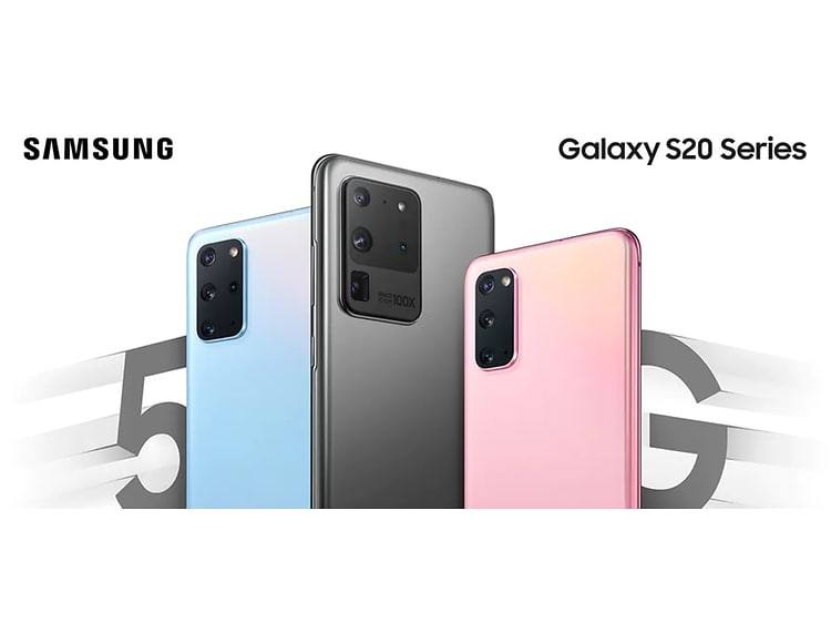 Samsung Galaxy S20 i blå, svart och rosa. Tre telefoner med vit bakgrund. 