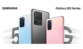 Samsung Galaxy S20 i blå, svart och rosa. Tre telefoner med vit bakgrund. 