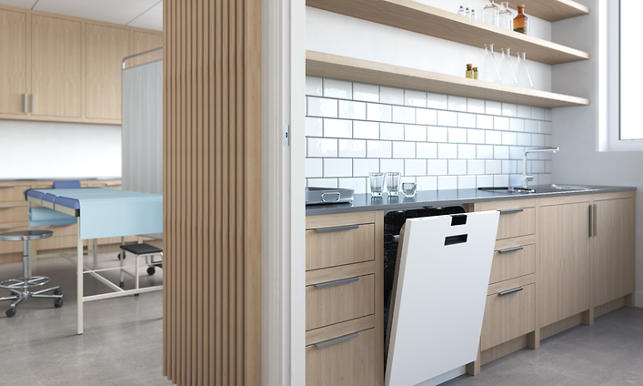 White dishwasher in a wooden kitchen