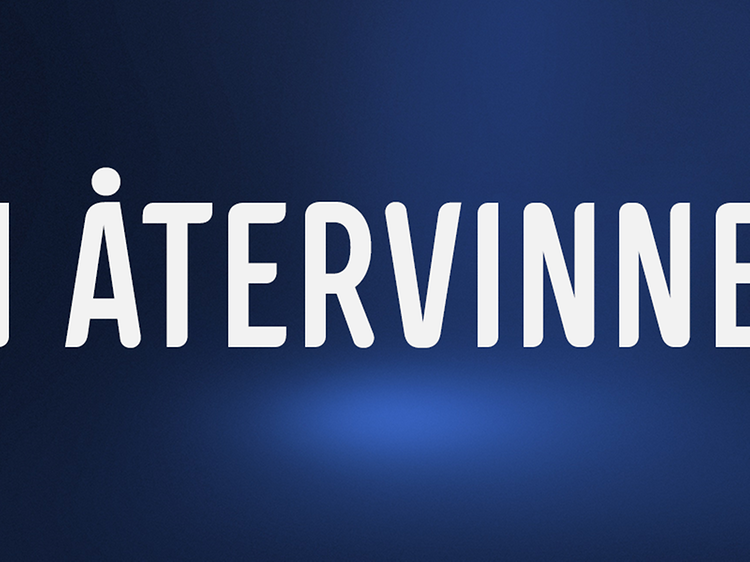 Banner med vit text där det står: vi återvinner på lila bakgrund.