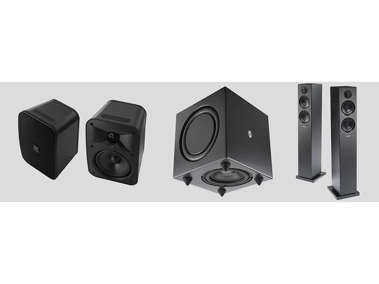 Produktbild: Tre olika typer av svarta högtalare,  surroundsystem, hemmabio.