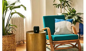 Svart smart högtalare i modernt och orientaliskt rum med färgglad stol och plantor.