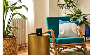 Svart smart högtalare i modernt och orientaliskt rum med färgglad stol och plantor.