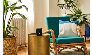 Svart smart högtalare i modernt och orientaliskt rum med färgglad stol och plantor.