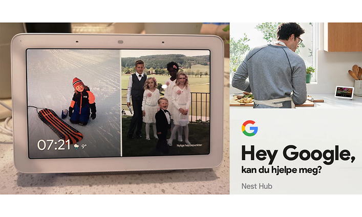 Hero: Google Nest visar två bilder på delad skärm plus Google Assistant text.