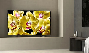 En stor TV i ett grått rum visar bild på gula blommor med rosa i mitten. Motivet är det enda färgglada i rummet. 