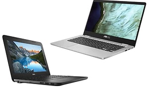 Bärbara datorer från Dell och Asus mot vit bakgrund.