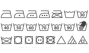 Illustration: Samling av tvättsymboler.