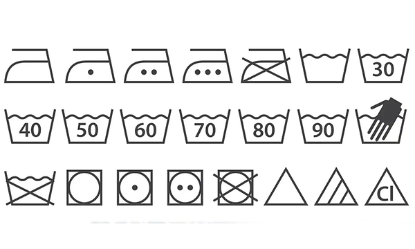 Illustration: Samling av tvättsymboler.