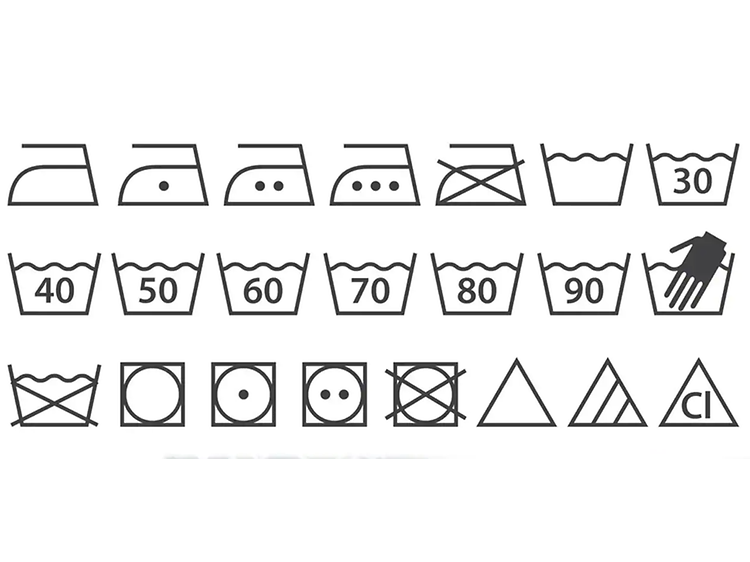 Illustration: Samling av tvättsymboler.
