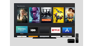 Startbild från Apple TV med olika filmer, Netflix logga och HBO med mera.