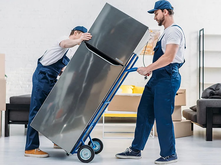 Två män levererar ett glänsande nytt kylskåp till ett hem