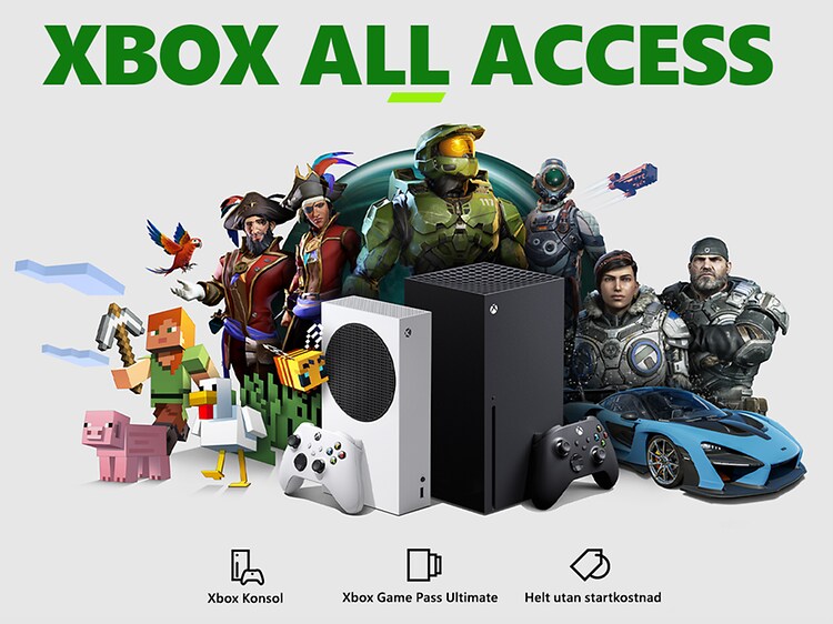 Xbox All Access med bild på en massa olika spelfigurer. 