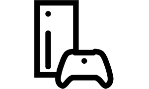 Symbol i svart som föreställer en konsol och en dator.