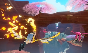 Skärmdump från ett Nintendo Ring fit spel med en kvinna som flyger fram med hjälp av ett par gula vingar. 