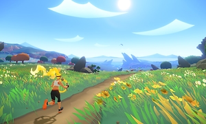 Skärmdump från Nintendo Ring fit med en kvinna som springer i naturen på en stig med grönt gräs och blommor på båda sidor.