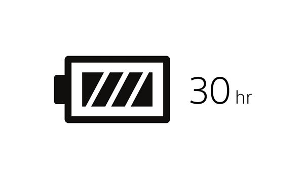 Batterisymbol och siffran 30 hr som visar att Sonys hörlurar har en batteritid på 30 timmar.