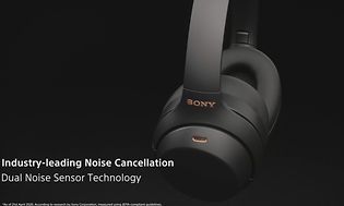 Svarta Sony WH-1000XM4 on-ear hörlurar med detaljer i rosé, svart bakgrund.  