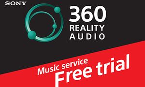 Banner för Sonys 360 Reality Audio prova på period i vit text med svart och röd bakgrund. Grön cirkel-symbol.