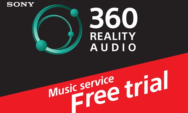 Banner för Sonys 360 Reality Audio prova på period i vit text med svart och röd bakgrund. Grön cirkel-symbol. 