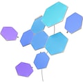 Bild med olika sexkantiga plattor i lila, turkos och blå färg, så kallade nanoleafs. 