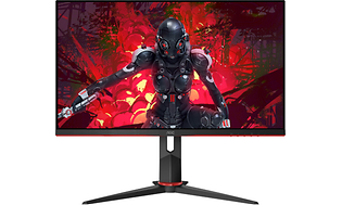 AOC gamingskärm på stativ med en robot på bildskärmen med röd bakgrund som glöder.
