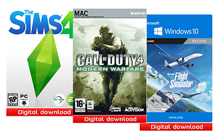 Omslag från olika dataspel som Sims 4, Call of duty och Flight simulator.