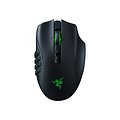 En svart gamingmus med neongröna detaljer som lyser, av märket Razer Naga Pro. 