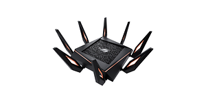 En stor svart gaming router med många antenner. Detaljer i orange färg.
