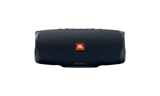 Produktbild av JBL Charge 4 avlång cylinderformad högtalare i svart med röd logotyp på framsidan.