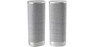 Två stycken gråa cylinderformade högtalare på högkant av märket Harman Kardon Citation. 
