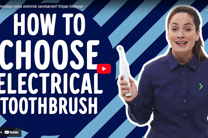Skärmdump från video om eltandborstar. Med texten "How to choose electrical toothbrush". 