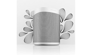 Vit och silverfärgad Sonos One-högtalare med blomstermotiv bakom i samma färg som högtalaren. 