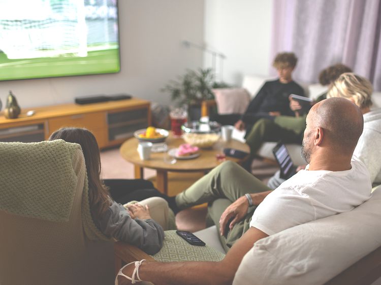 Family in sofa watching sports on TV