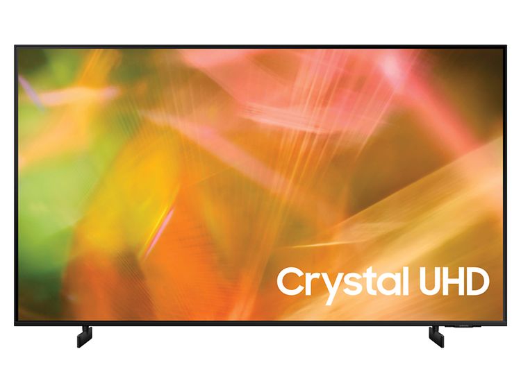 Samsung TV på stativ och färgglad bild på skärmen.