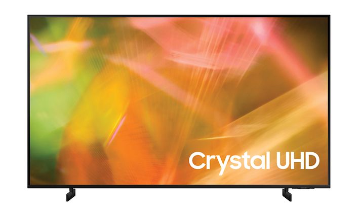 Samsung TV på stativ och färgglad bild på skärmen.