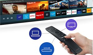 Samsung-TV-AU7175 med fjärrkontroll och Tizen smart hub. Olika symboler vis fjärrkontrollen i lila tankebubblor.
