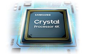 Samsung 4K kristallprocessor, en fyrkant med guldram och texten "Crystal Processor 4K". 