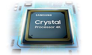 Samsung 4K kristallprocessor, en fyrkant med guldram och texten "Crystal Processor 4K".