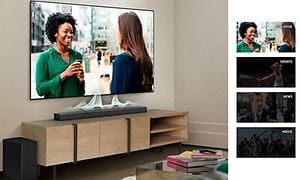 Samsung TV och soundbar med illustration av olika inställningar