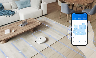 Illustration av hur Ecovacs DEEBOT-N8+ app-styrs med en smartphone i ett vardagsrum